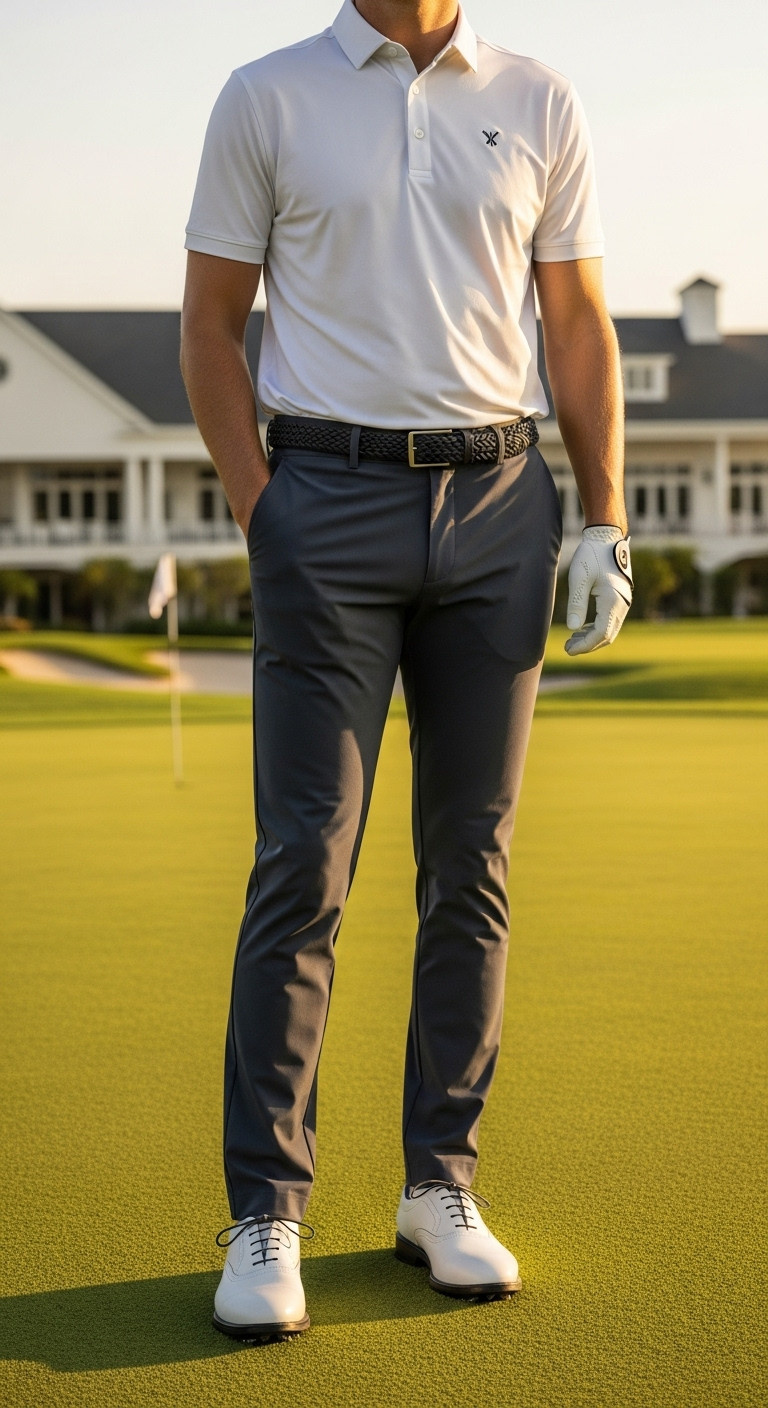 Luxury Performance Men'S Golf: Tailored Polo, Charcoal Trousers, Leather Shoes. Golden Hour Golf Course, Clubhouse. Sophisticated Style.