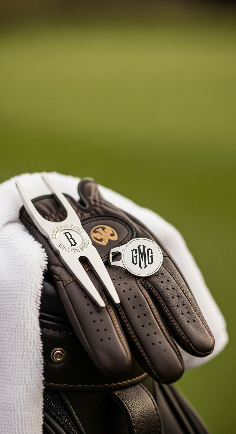 Luxury Personalized Golf Accessories Including An Engraved Divot Tool And Monogrammed Ball Marker On A Premium Leather Golf Glove