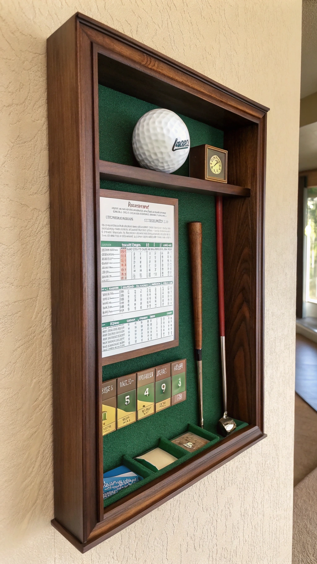 Mahogany Wood Golf Memorial Shadow Box Displaying A Golf Ball Scorecard Glove And Photo On Green Felt Hanging On A Textured Wall