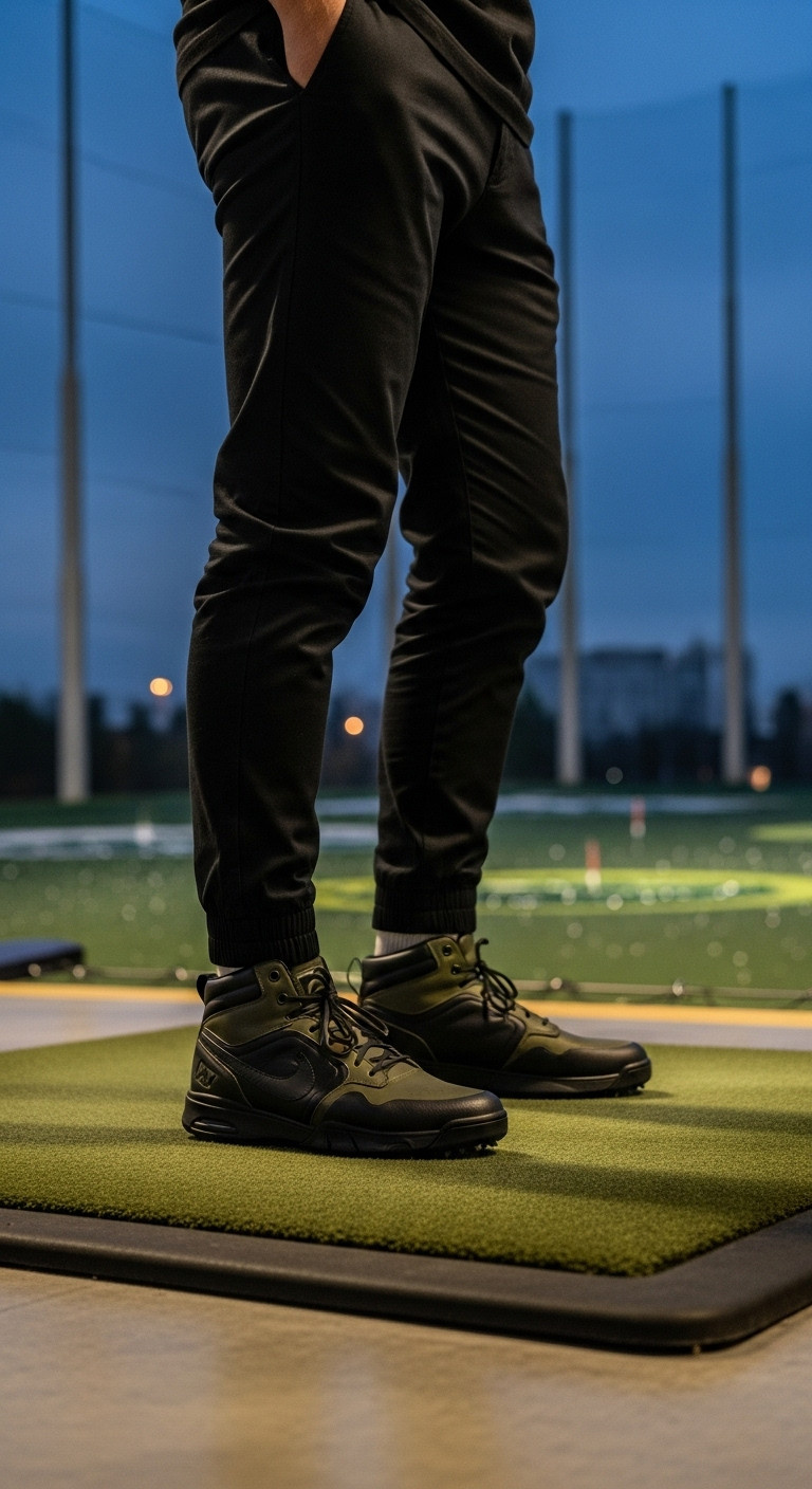 Man At Urban Driving Range Wearing Trendy Olive Green And Black High-Top Spikeless Golf Shoes With Cuffed Black Jogger Pants.