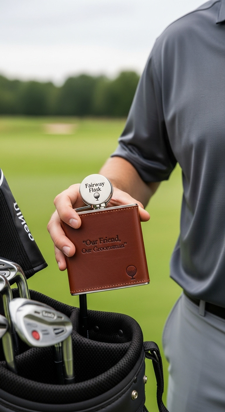 Man Holding A Personalized Leather Hip Flask With Golf Ball Icon Near A Golf Bag