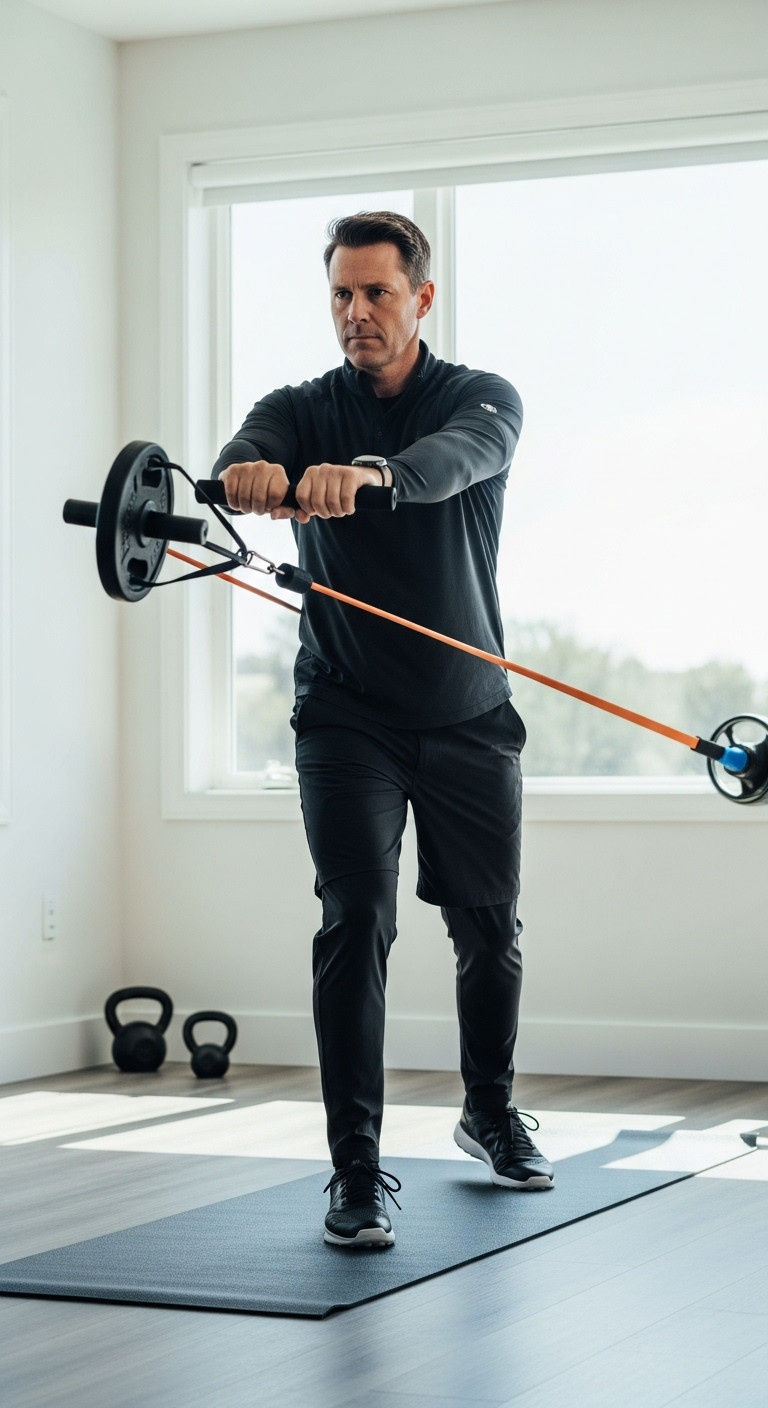 Man In Home Gym Using A Golf-Specific Fitness Training System With A Resistance Band And Weighted Bar