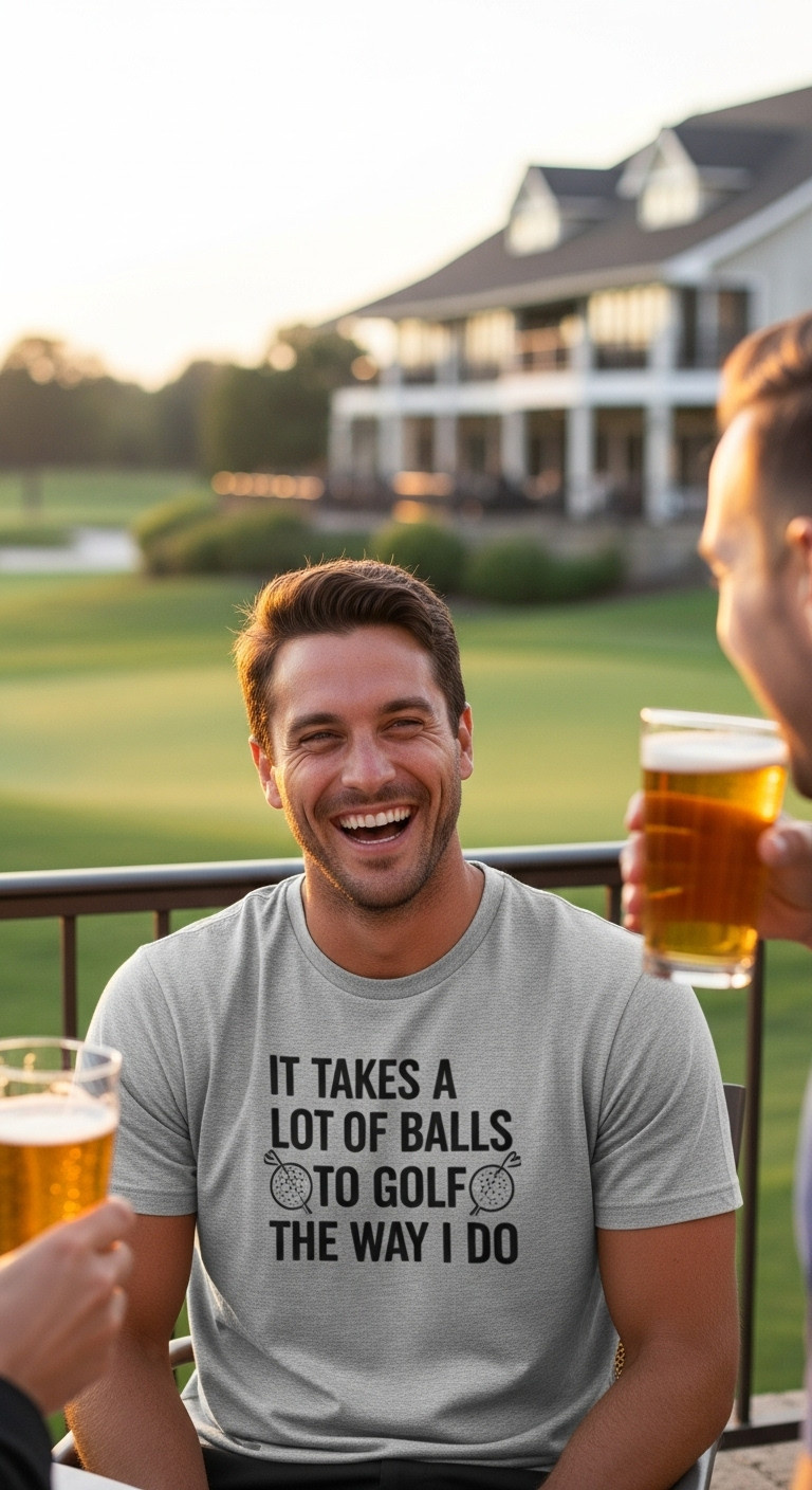 Man Laughing In A Heather Gray T-Shirt With A Golf Slogan On A Clubhouse Patio