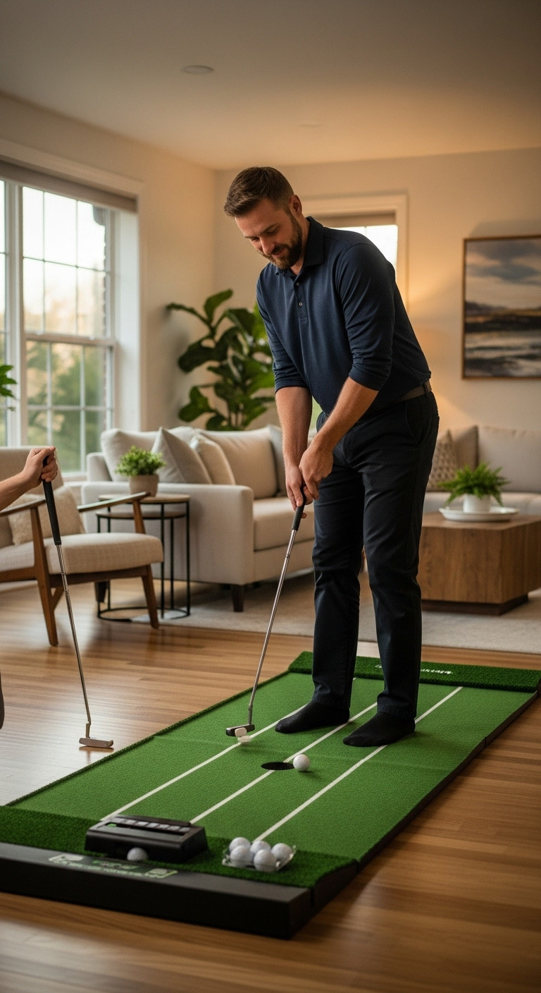 Man Practicing Putting On A High-Quality Indoor Green Mat In A Stylish Living Room