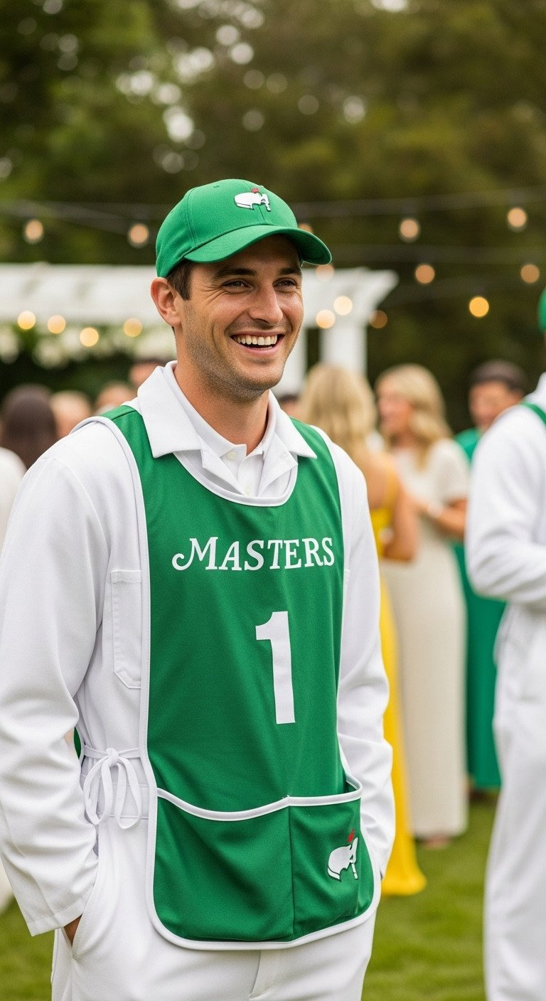 Golf Caddy Outfit Ideas A Complete Guide To Buy Or Diy Man Smiling, Wearing Masters Caddy Costume: White Jumpsuit, Green Cap, Caddie Bib With '1', At A Backyard Golf Party.