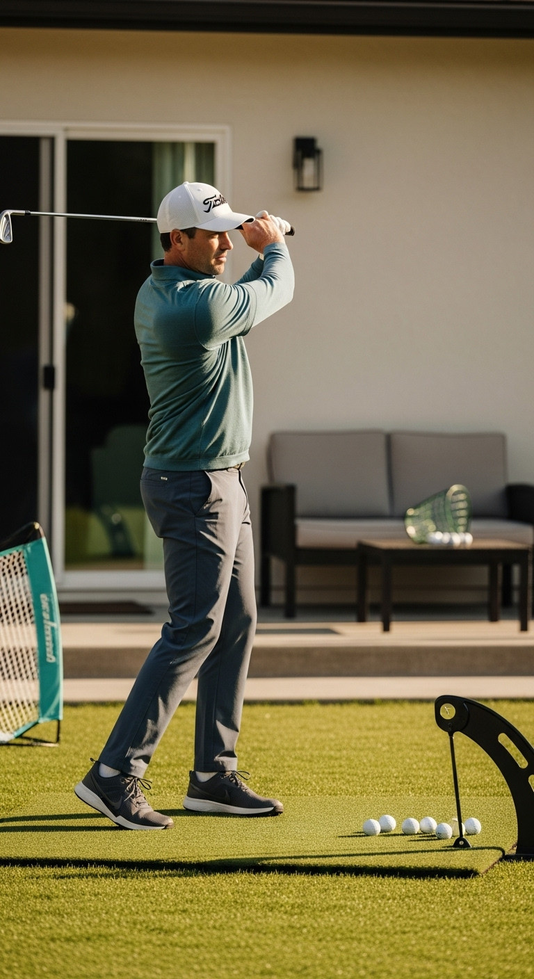 Man Using A Sleek Golf Swing Training Aid In His Backyard During Golden Hour With Blurred Patio And Practice Net