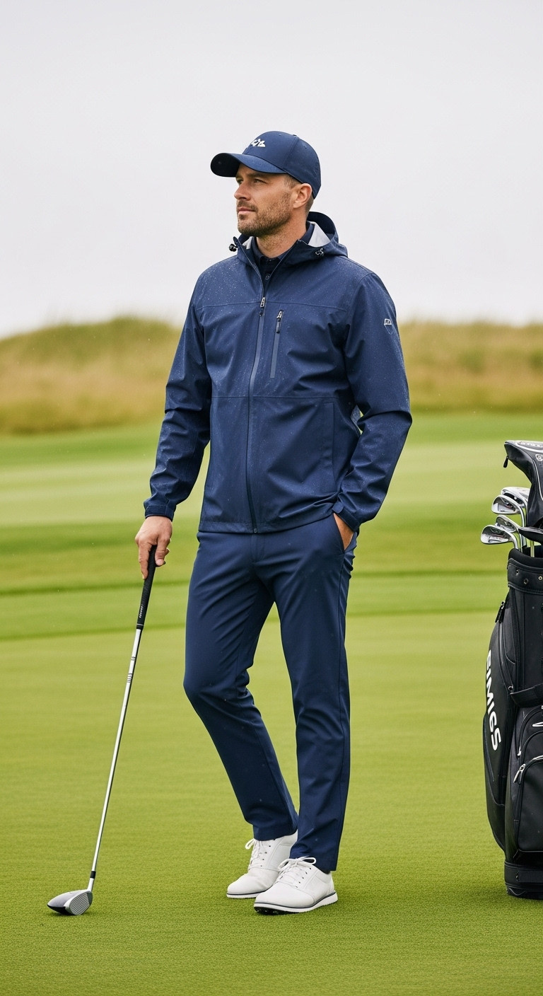 Man Wearing A Sleek Navy Blue Waterproof Golf Rain Jacket On An Overcast Golf Course Holding A Golf Club