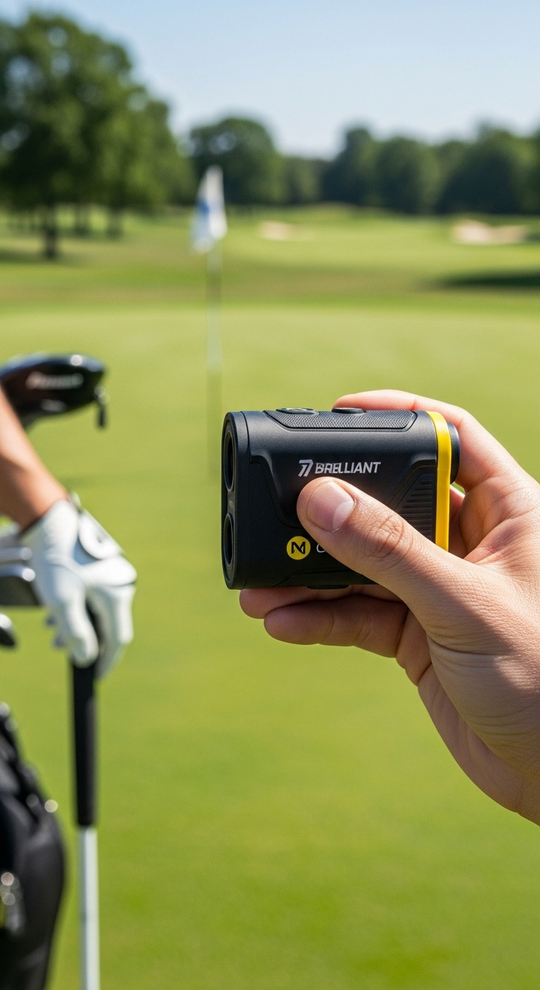 Man'S Hand Holding A Black And Yellow Golf Laser Rangefinder Aiming At A Distant Flag On A Beautiful Golf Course
