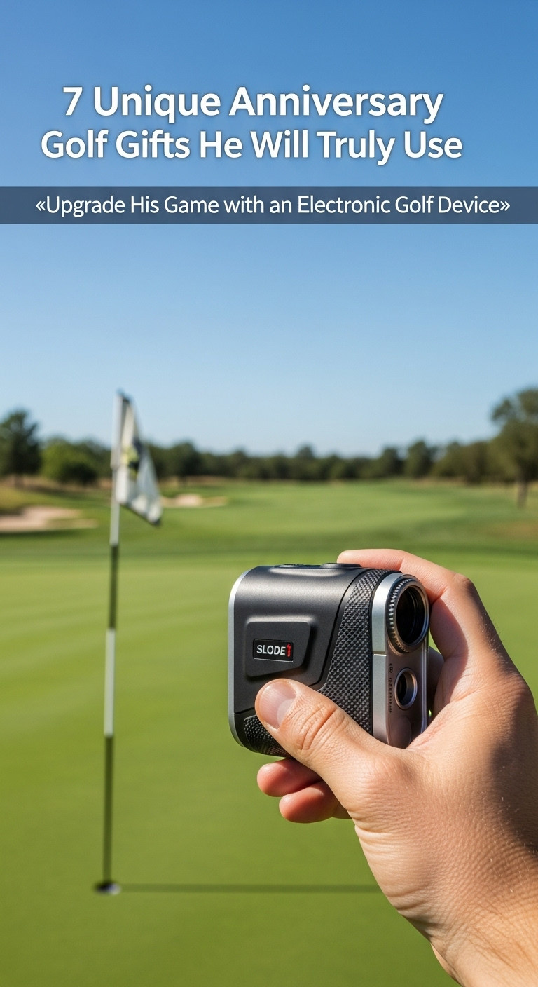 Man'S Hand Holding A High End Golf Laser Rangefinder Focused On A Distant Flagstick On A Beautiful Sunlit Golf Course