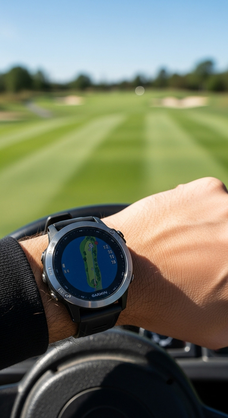 Man'S Wrist Wearing A Sleek High-End Garmin Golf Gps Watch Displaying A Golf Course Map
