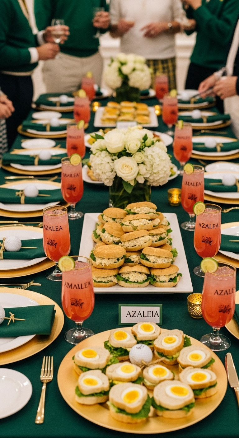 9 Fun Golf Themed Christmas Party Ideas For Adults Masters Inspired Green Jacket Gala Golf Themed Christmas Party Elegant Adult Party Food Azalea Cocktails Pimento Cheese Sandwiches