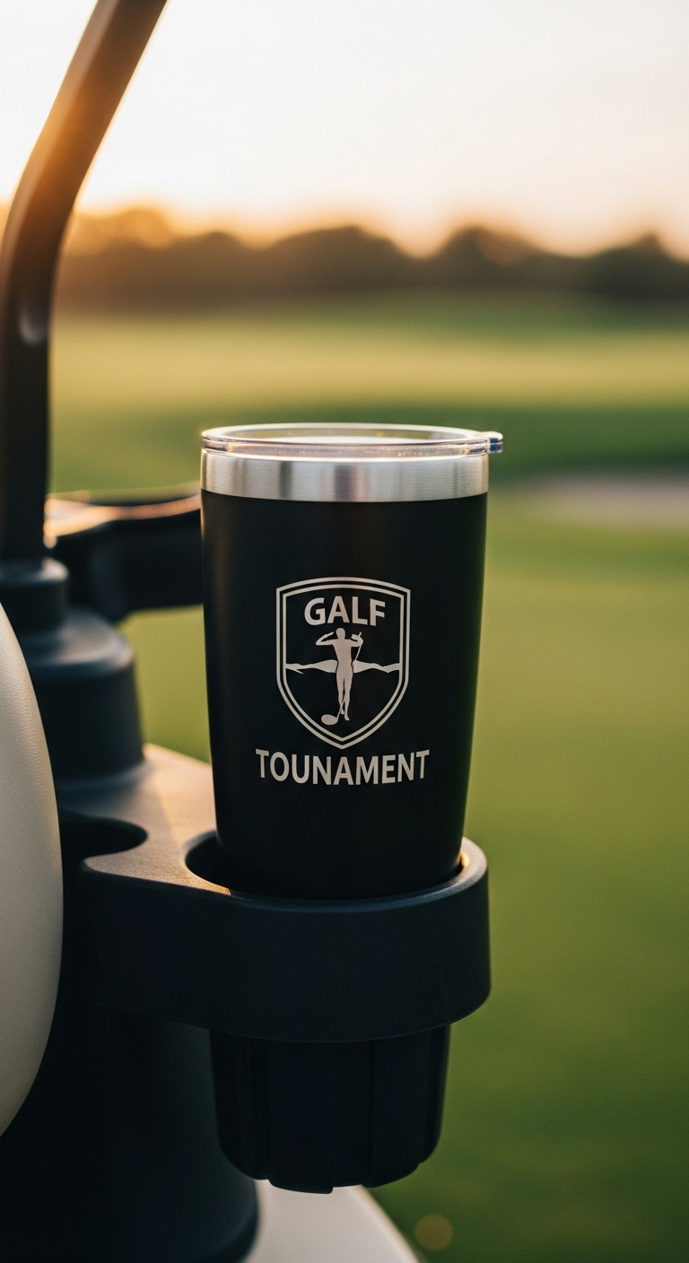 Matte Black Custom Insulated Tumbler In A Golf Cart Cup Holder With Blurred Fairway Background