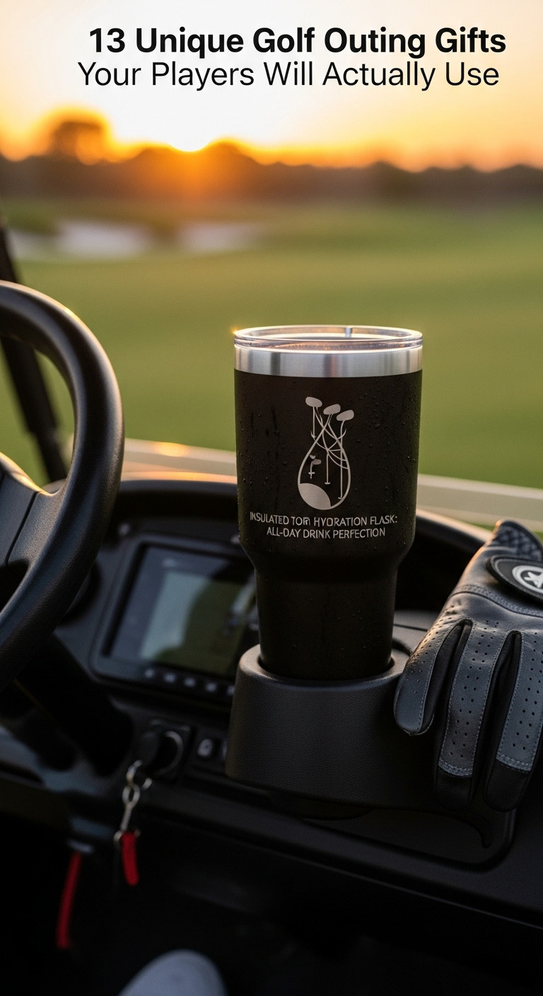 Matte Black Insulated Tumbler With Custom Logo In A Golf Cart Cup Holder At Sunset