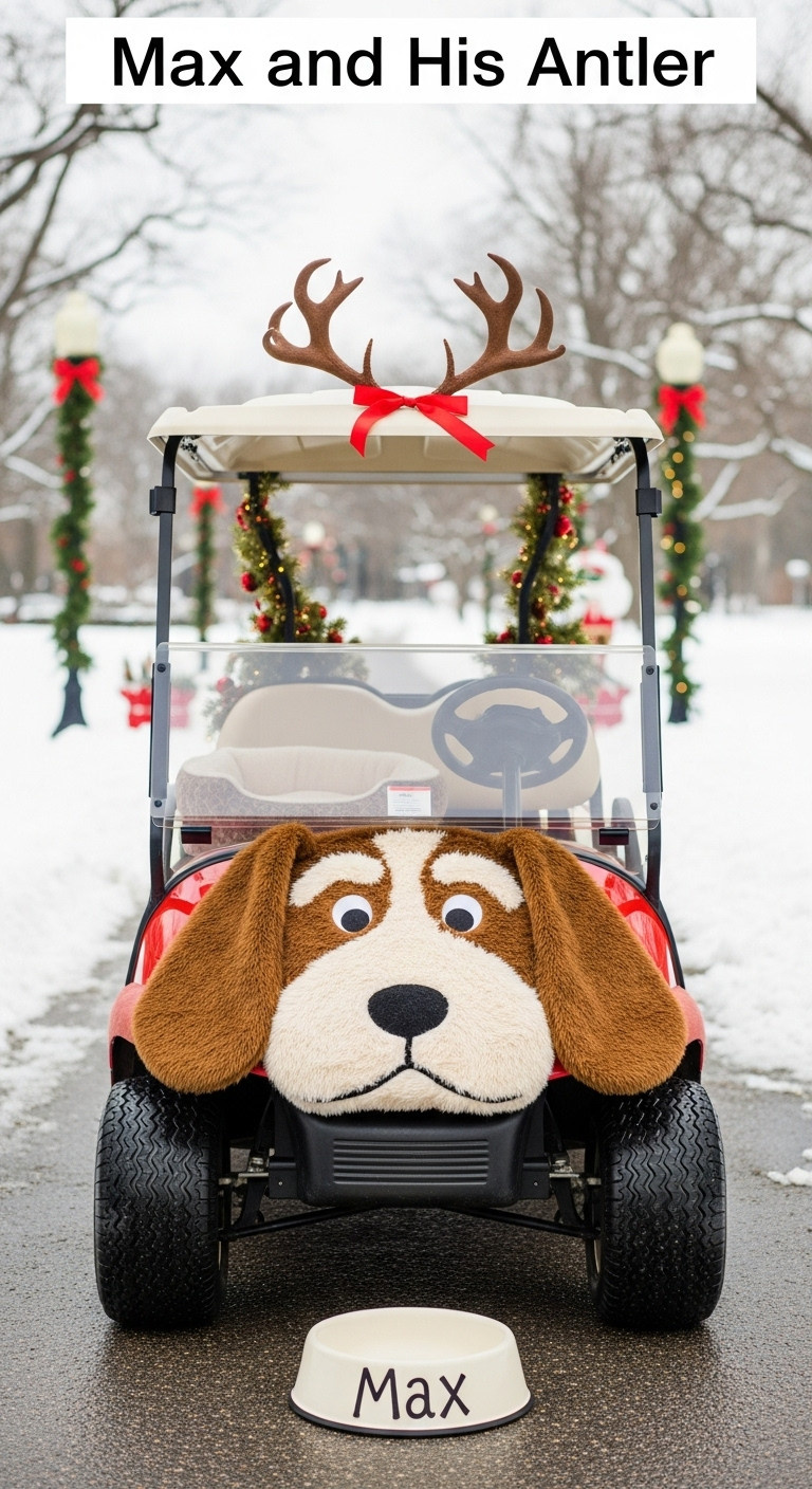 Max And His Antler Golf Cart Decorated Like Max The Dog With Faux Fur Floppy Ears And A Single Reindeer Antler In A Snowy Park