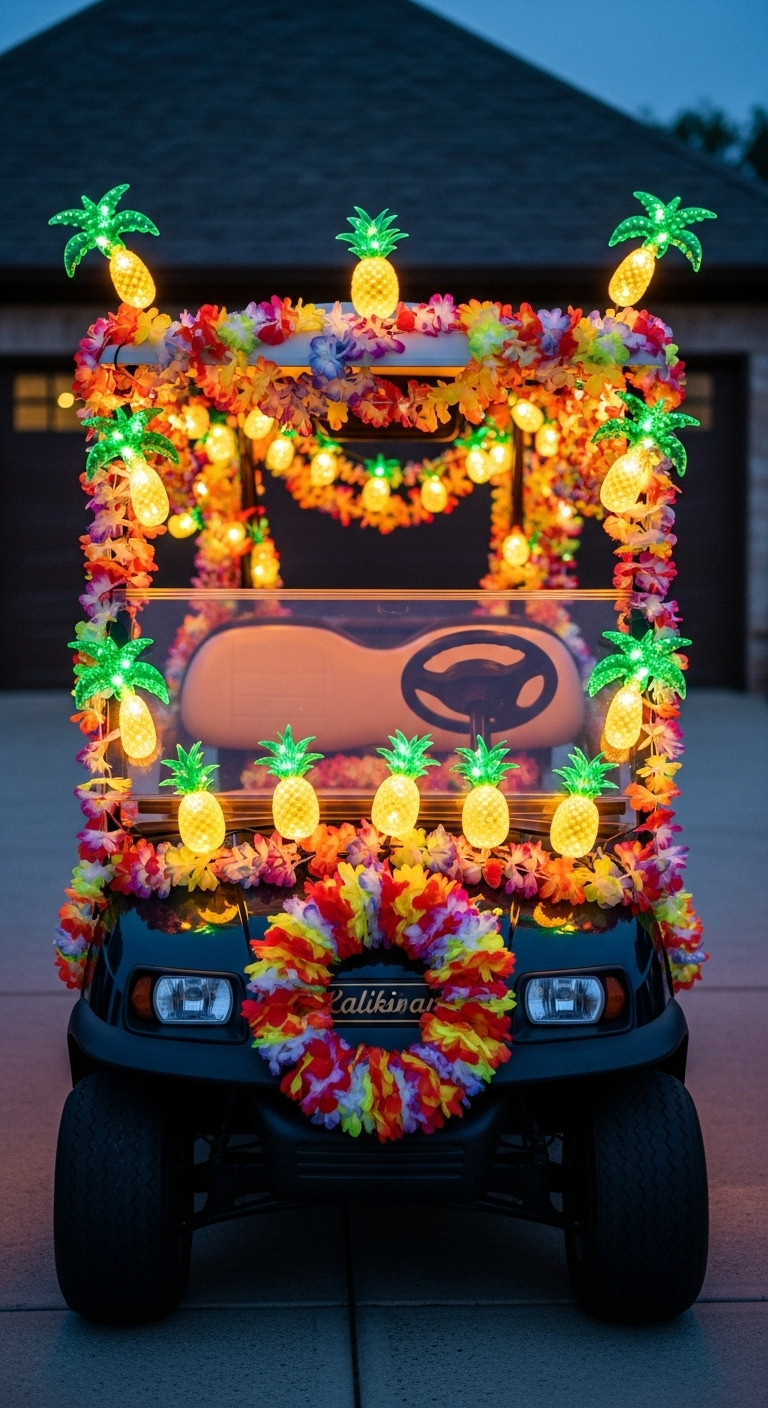 Mele Kalikimaka Lights And Leis Golf Cart Draped In Colorful Leis And Glowing Pineapple String Lights At Dusk