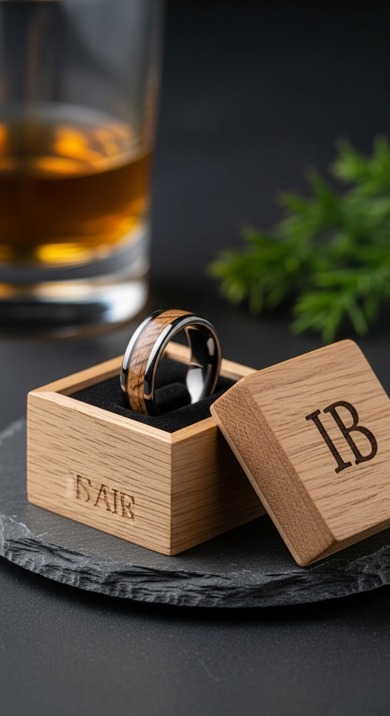 Men'S Tungsten Ring With White Oak Barrel Wood Inlay In A Customized Wooden Ring Box On A Slate Coaster
