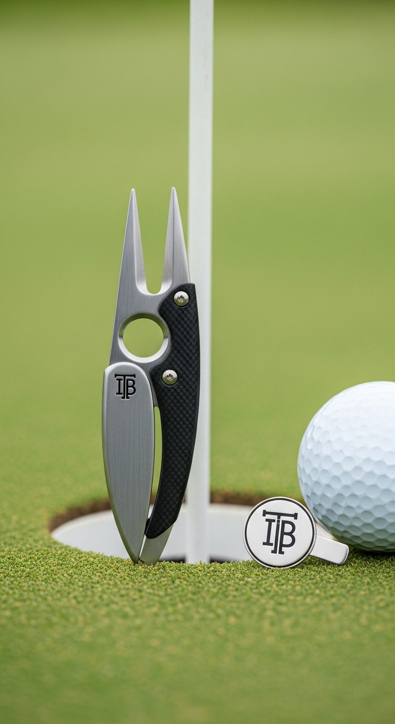 Metallic Divot Tool With Custom Logo Ball Marker Next To A Golf Ball On A Putting Green