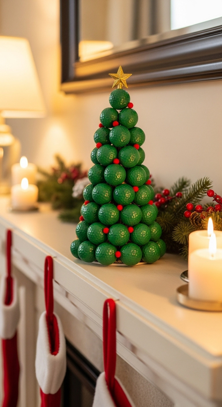 Mini Golf Ball Christmas Tree With Golden Star And Red Pom Poms On A Fireplace Mantel