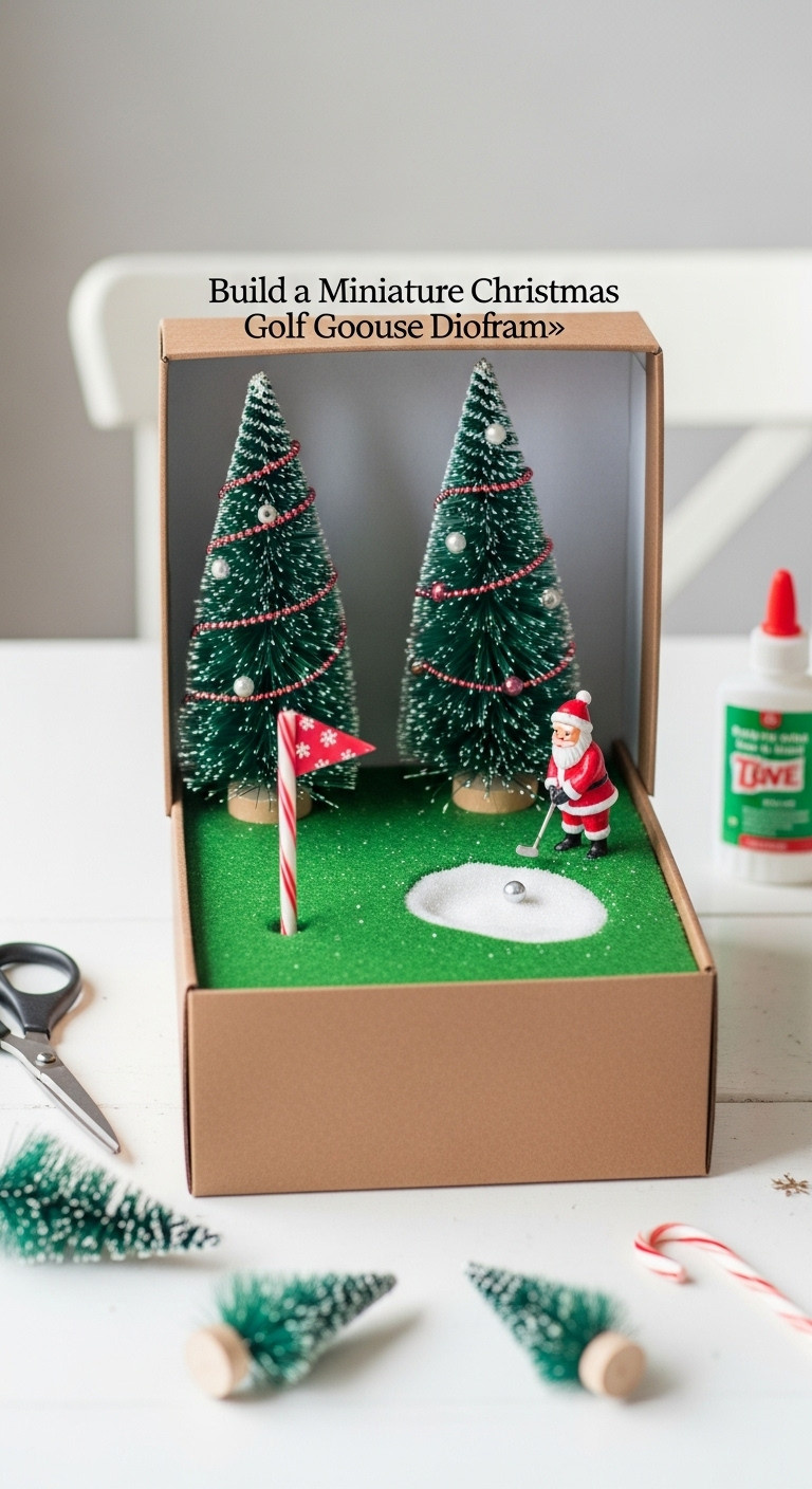 Miniature Christmas Golf Course Diorama In A Shoebox With Santa Putting On A Green Felt Fairway