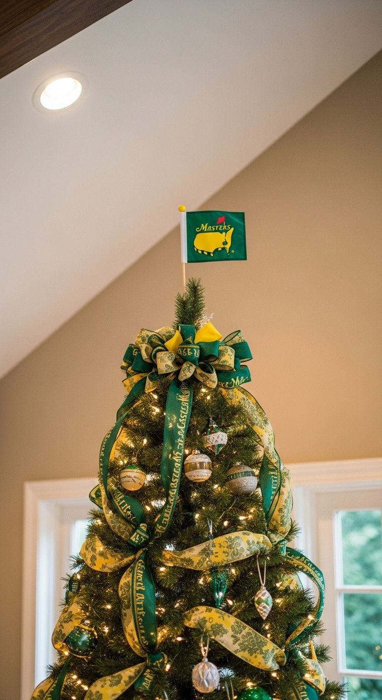 7 Brilliant Masters Golf Christmas Tree Decor Ideas Miniature Masters Flag Serving As A Unique Christmas Tree Topper On A Fully Decorated Tree In A Cozy Living Space