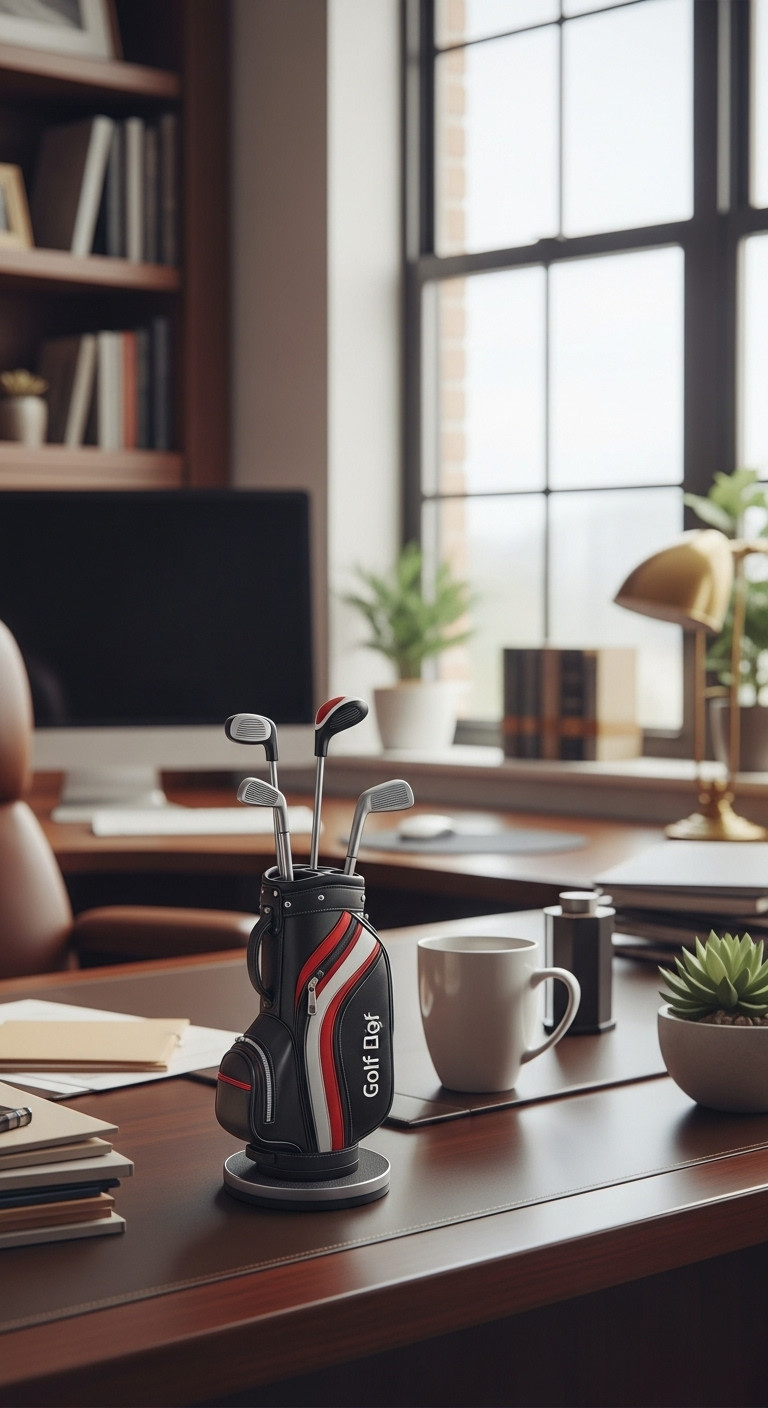 Miniature Golf Bag Desk Caddy Holding Golf Club Pens On A Mahogany Desk In A Professional Office Setting