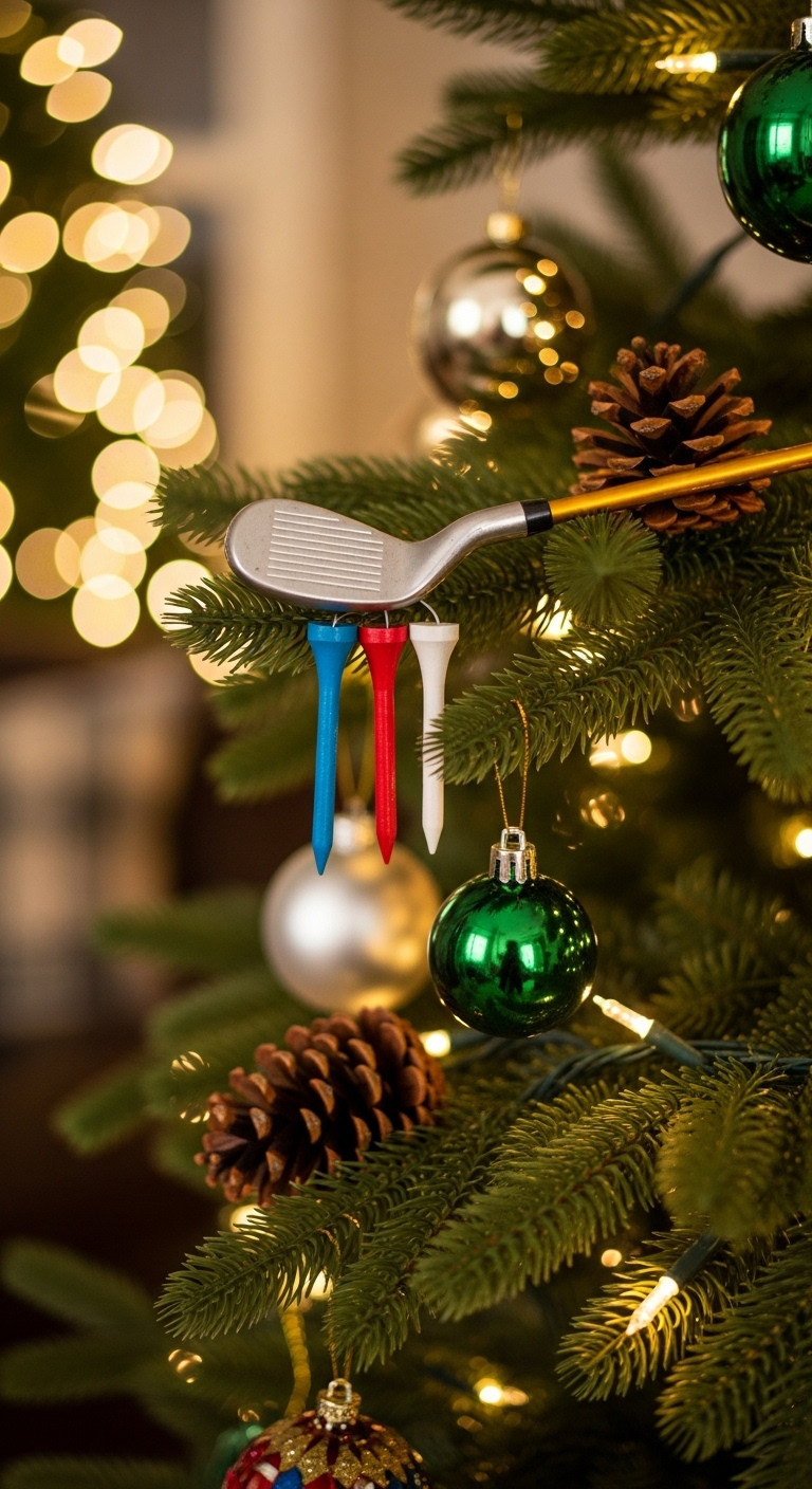 7 Brilliant Masters Golf Christmas Tree Decor Ideas Miniature Golf Club And Colorful Tees Used As Accents On A Christmas Tree Branch With Ornaments And Warm Ambient Light