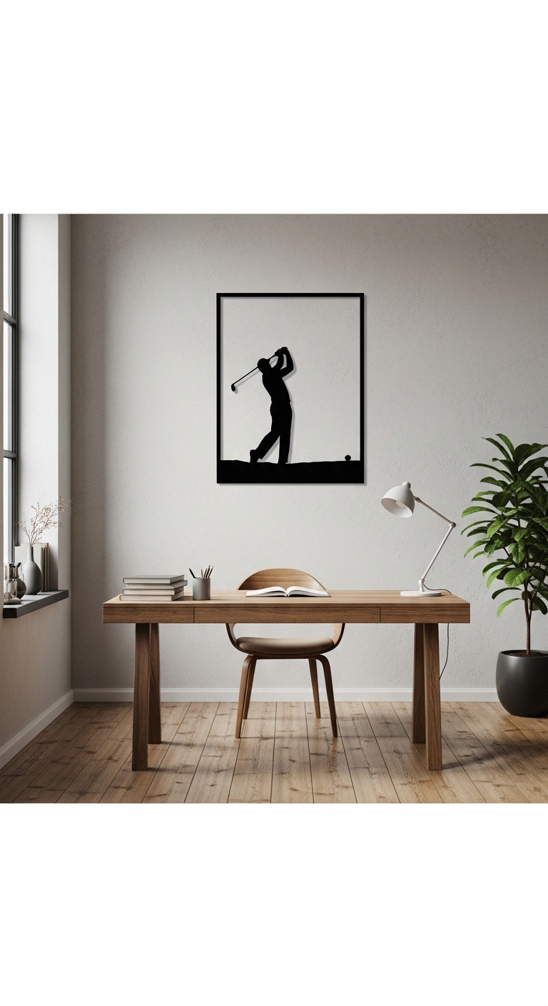 Minimalist Black Metal Golf Wall Art Depicting A Golfer'S Swing Silhouette On A Light Gray Wall In A Modern Home Office