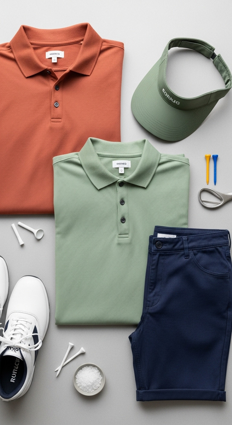 Minimalist Golf Capsule Wardrobe Flat Lay: Terracotta, Sage Green, Navy Apparel, Golf Shoes, Visor, Tees.