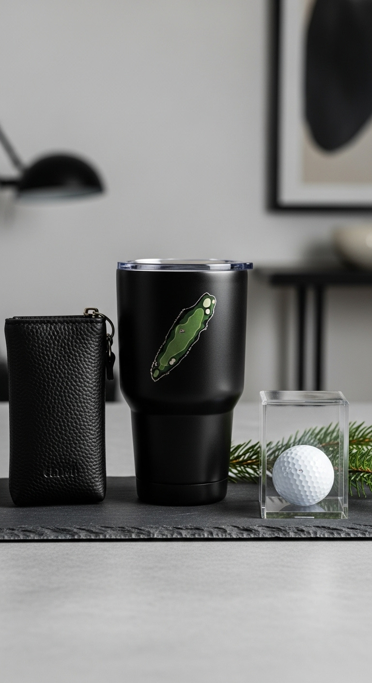 Minimalist Golf Holiday Gift Arrangement With Black Leather Pouch Tumbler Golf Ball And Evergreen Sprig On Slate