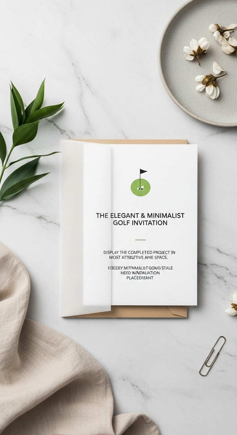 Minimalist Golf Invitation With Embossed Club Icon In Vellum Jacket On Gray Marble Countertop With Green Leaf And Paperclip