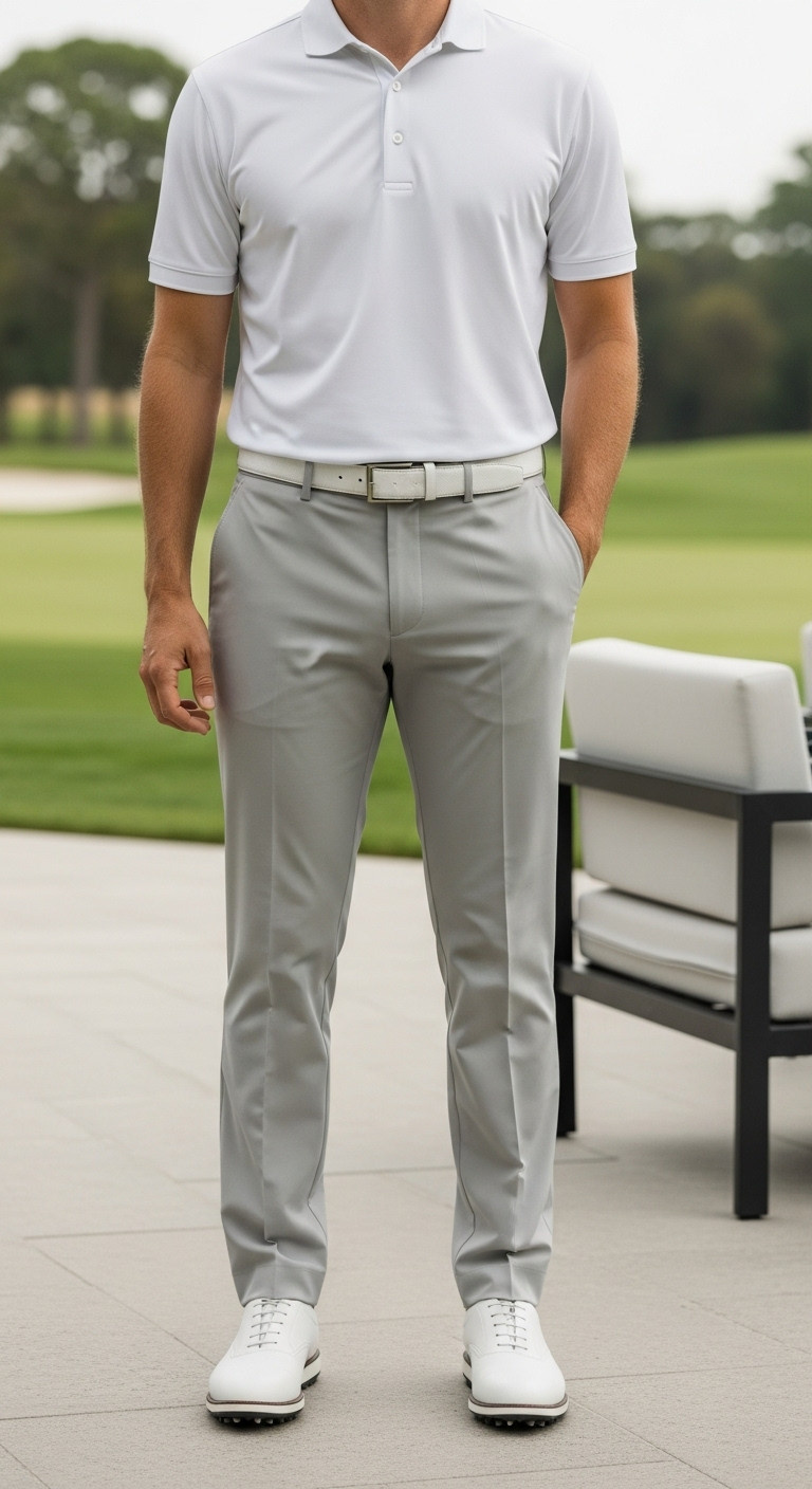 Minimalist Men'S Golf Outfit: White Polo, Beige Trousers, Spikeless Shoes. Golf Course Patio. Sophisticated, Clean Golf Fashion.