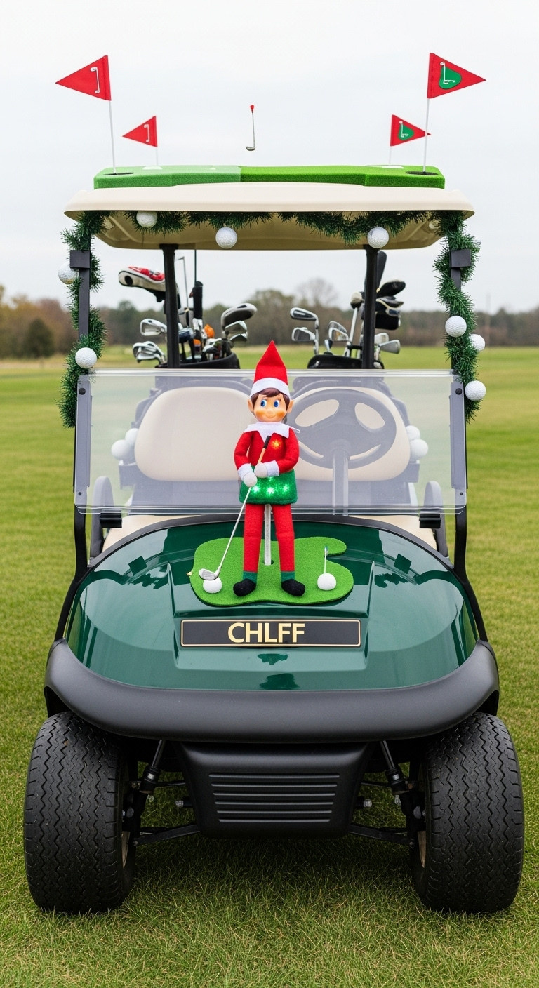 Mischievous Golfing Elf Extravaganza Golf Cart With Led Elf Figure Golf Themed Ornaments Flags And Balls On A Fairway