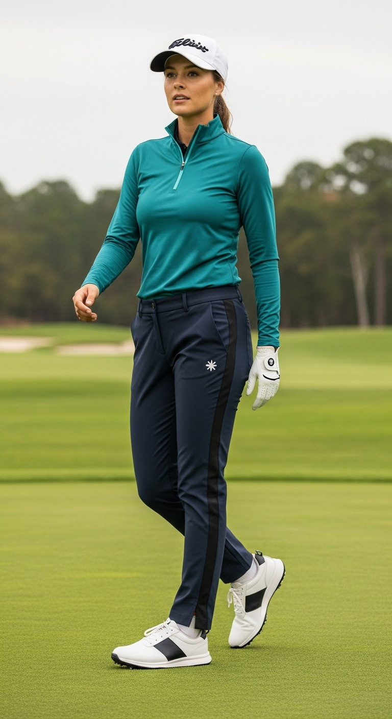 Modern Athleisure Golf Outfit: Woman In Deep Teal Quarter-Zip Top, Slim Pants, Athletic Shoes. Dynamic Fairway Pose. Women'S Golf Wear.