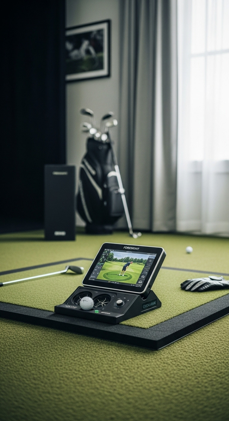 Create Your Perfect Golf Simulator Man Cave Expert Design Build Modern Golf Launch Monitor On A Hitting Mat With A Golf Ball, Highlighting Advanced Sensors For Precise Golf Simulator Performance.