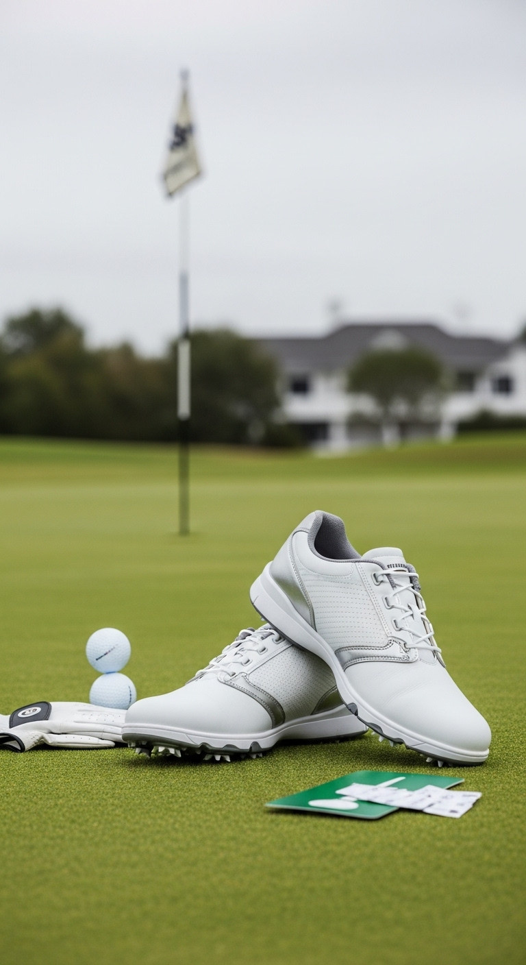 Modern White Spikeless Women'S Golf Shoes With Metallic Accents On Putting Green, Highlighting Texture And Grip.