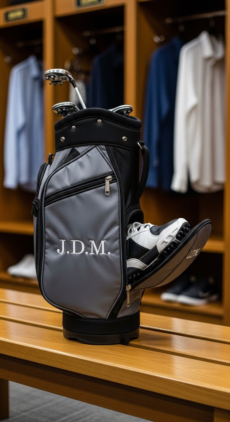 Monogrammed Golf Shoe Bag With Initials And Golf Shoes On A Locker Room Bench