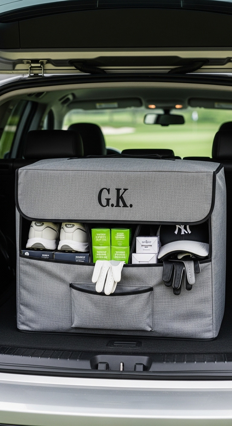Monogrammed Golf Trunk Organizer Filled With Golf Shoes Balls Gloves And Hats In A Car Trunk