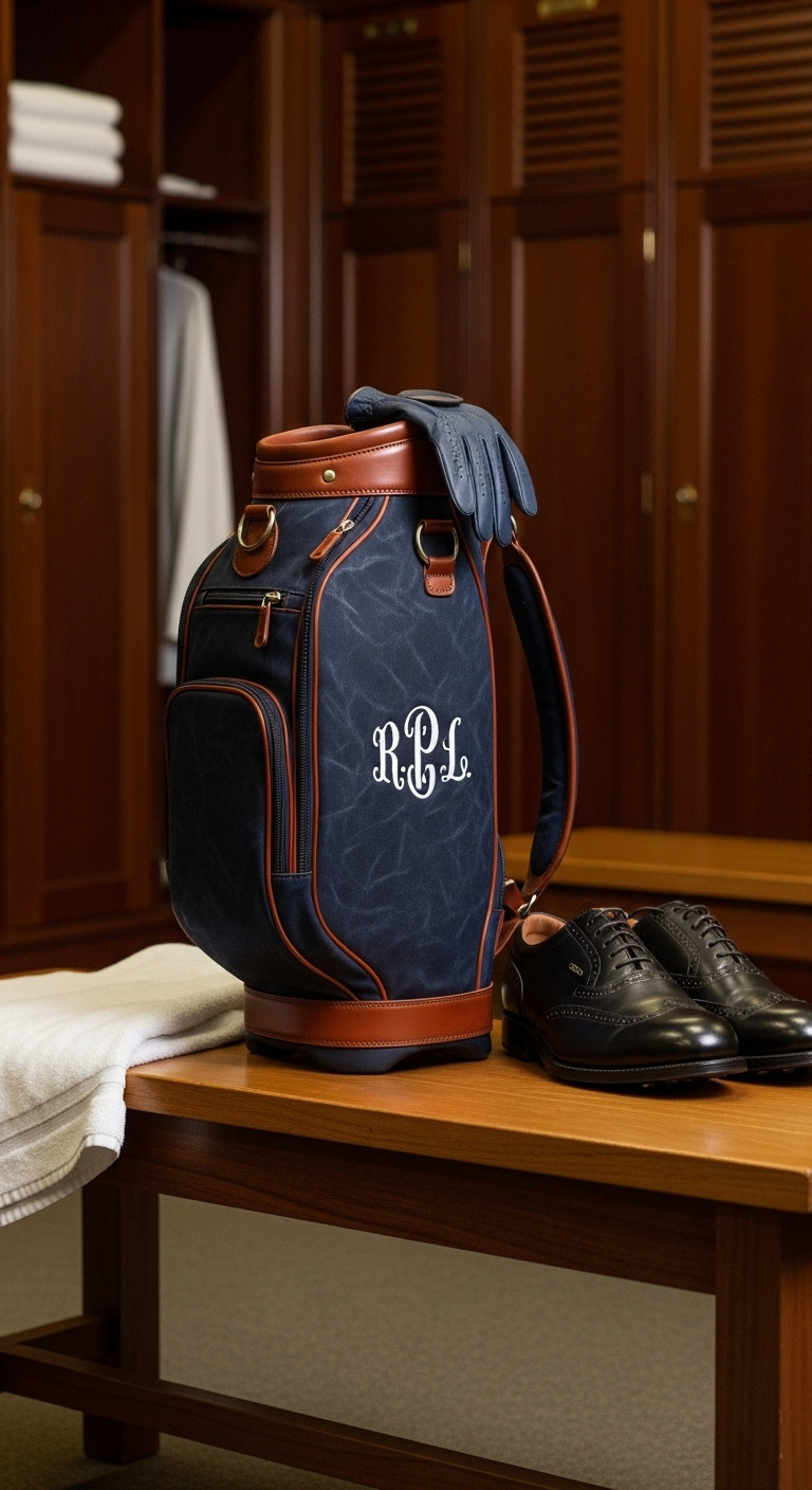 Monogrammed Navy Blue Waxed Canvas Golf Shoe Bag With Leather Trim And Golf Shoes