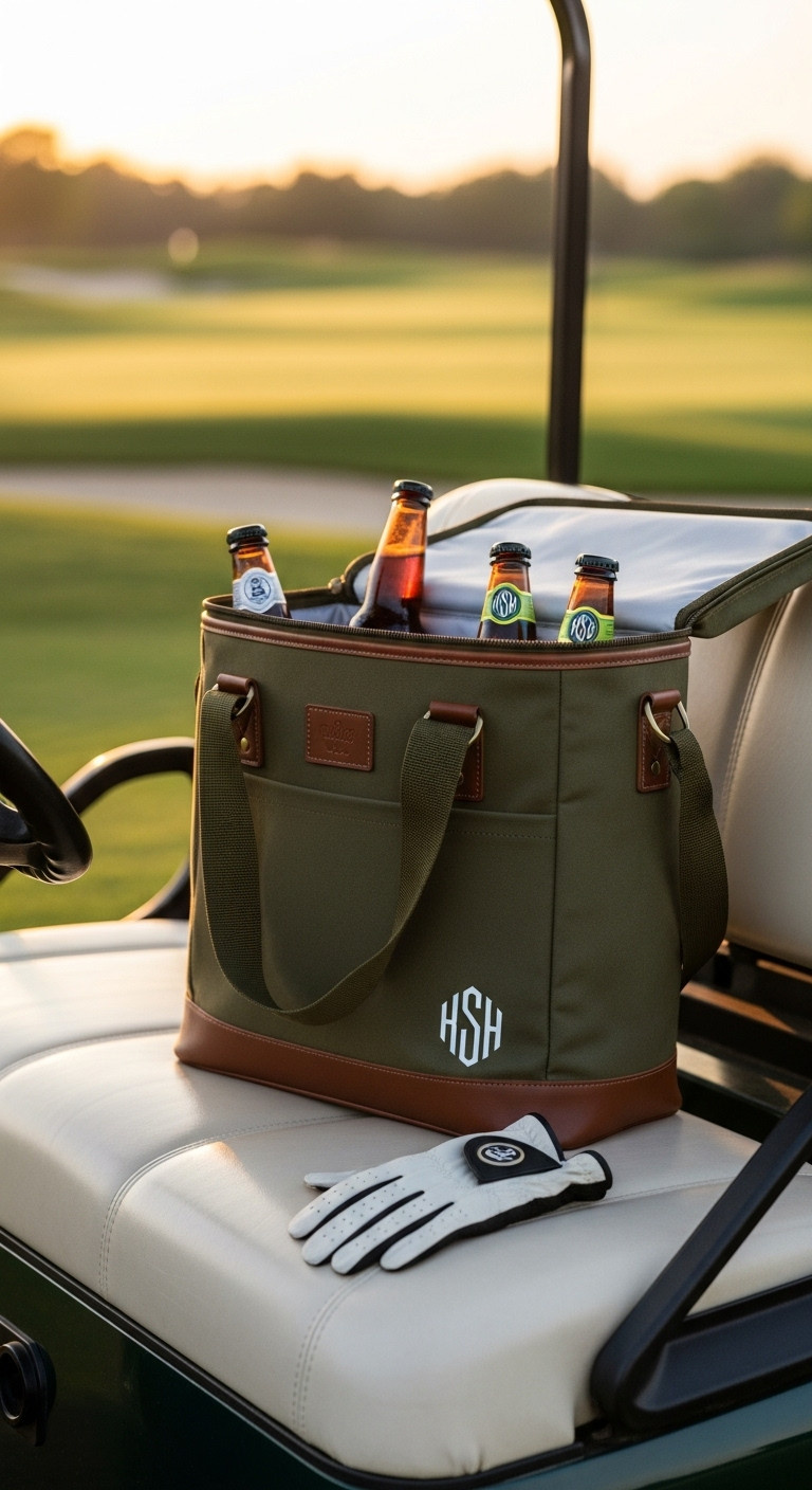 Monogrammed Olive Green Caddy Cooler Bag With Beer Bottles In A Golf Cart At Sunset