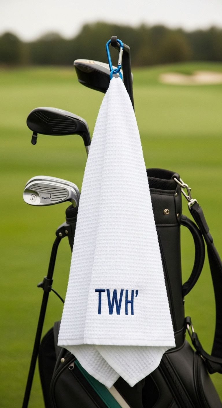 Monogrammed Tri-Fold Golf Towel With Initials Hanging From A Golf Bag On A Course