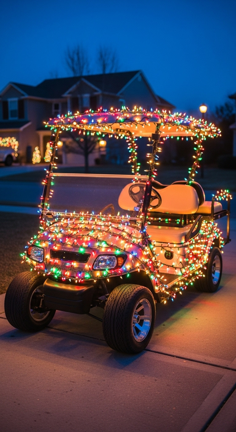 Decorate Your Golf Cart For Christmas With 7 Genius Ideas Multi-Colored Led Christmas Lights Brilliantly Illuminate A Golf Cart On An Evening Driveway, Creating A Vibrant, Festive Holiday Display.