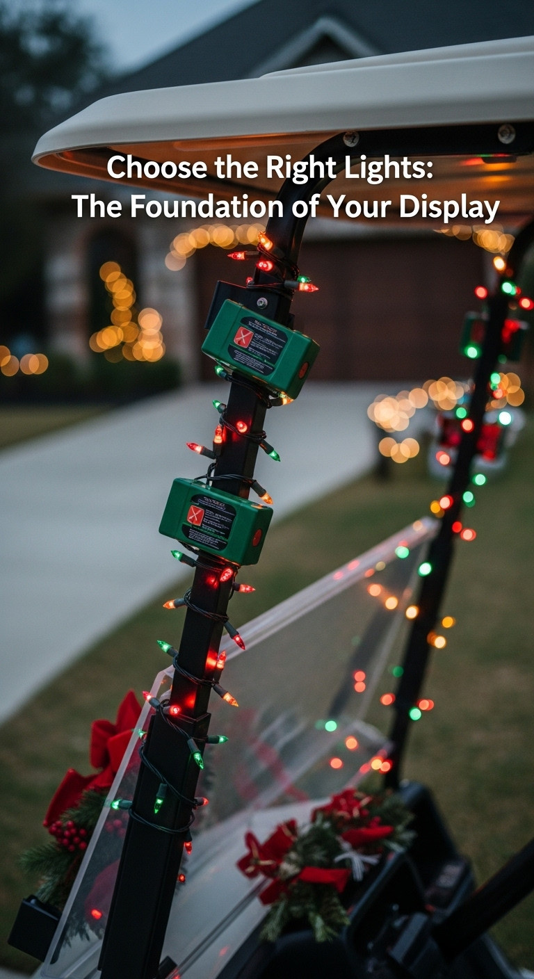 Multi Colored Battery Operated Led Christmas Lights Wrapped Around A Golf Cart Roof Support At Dusk With A Festive Wreath