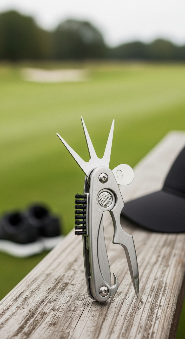 Multi-Functional Brushed Metal Golf Divot Tool With Magnetic Ball Marker On A Wooden Tee Box Bench