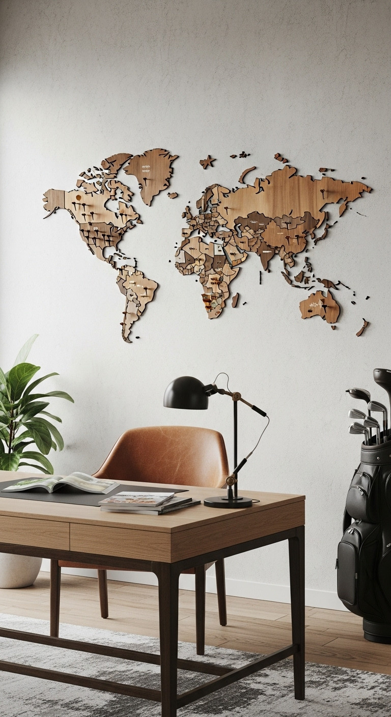 Multi-Layered 3D Wooden World Map Wall Art With Golf Tee Pins On A Gray Textured Wall In A Modern Study