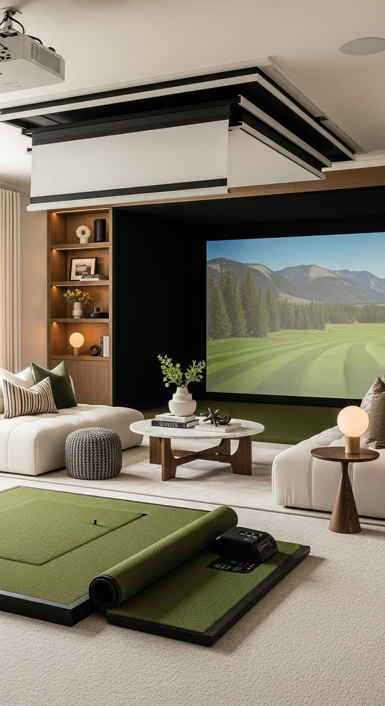 Design Your Perfect Golf Simulator Room Setup From Start To Finish Multi-Purpose Room With Retractable Golf Simulator Screen Revealing A Tv, Transforming Into A Stylish Home Media Space. Flexible Entertainment Design.