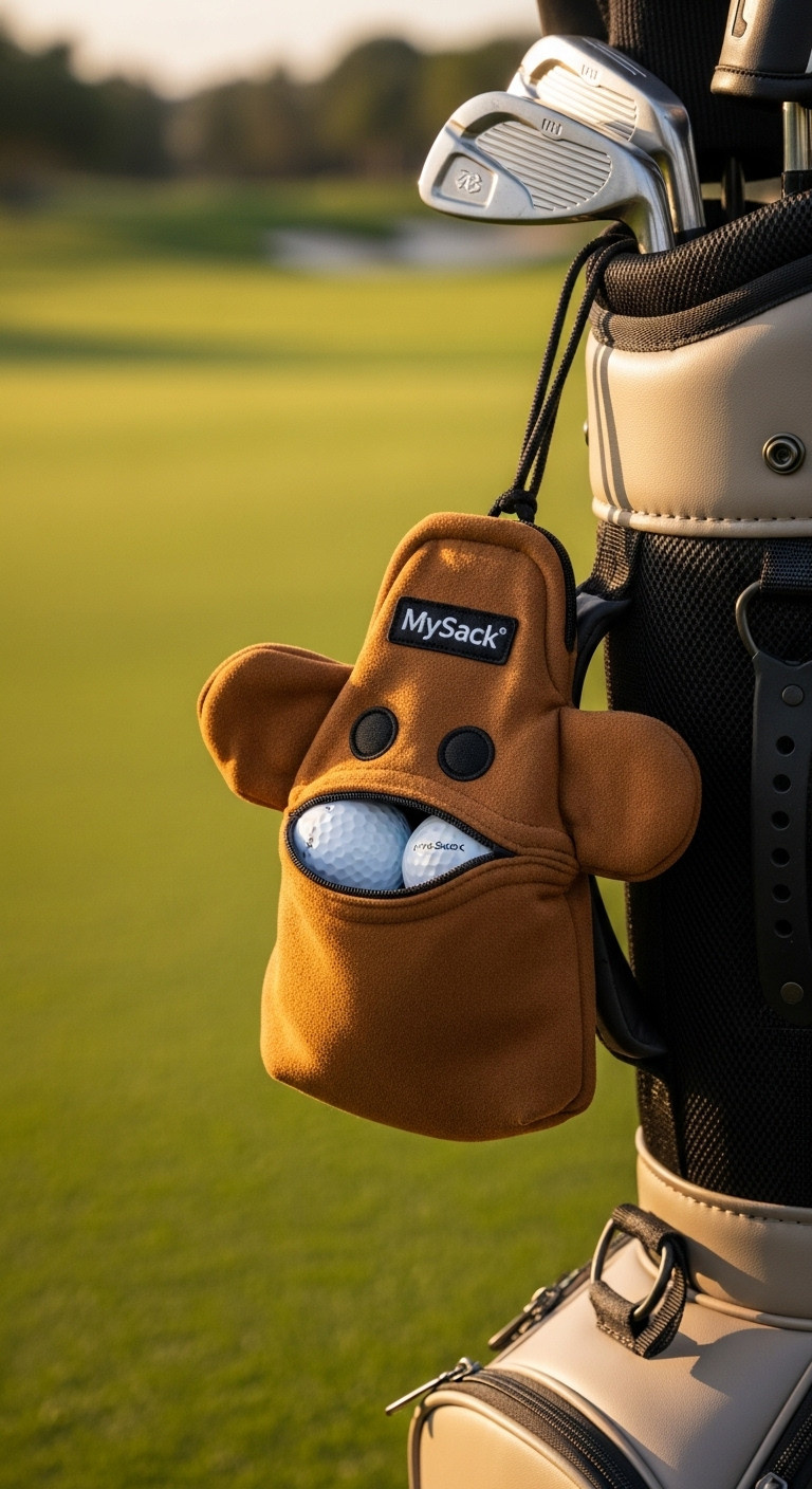 Mysack Golf Ball Storage Sack Filled With Two Golf Balls Hanging From A Premium Golf Bag On A Blurred Golf Course