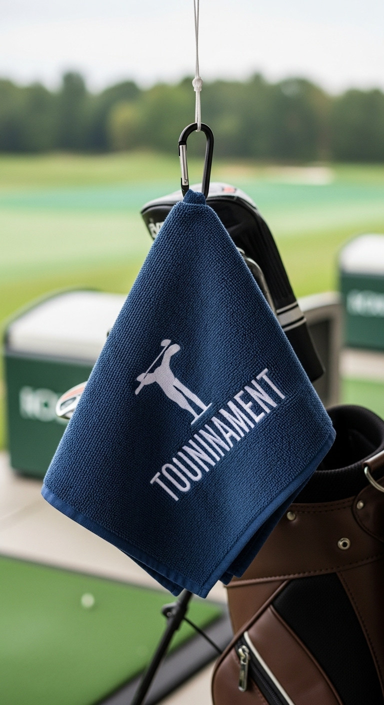 Navy Blue Microfiber Golf Towel With Embroidered Logo Hanging From A Golf Bag