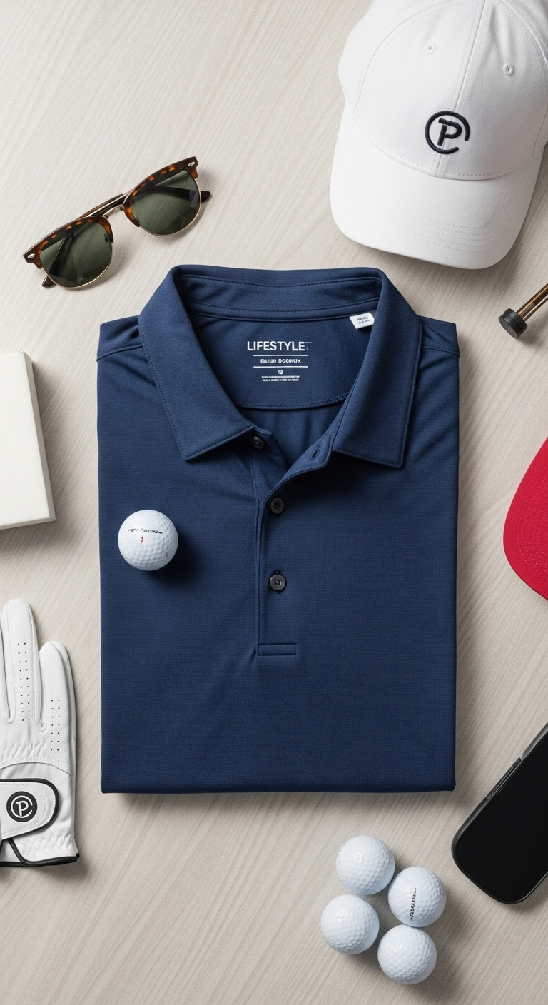 Navy Blue Moisture Wicking Golf Polo Shirt With A White Golf Glove Premium Golf Balls And Stylish Sunglasses On A Wooden Surface