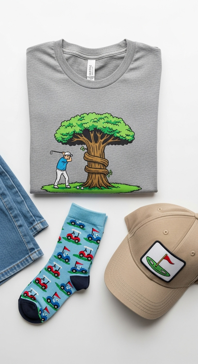 Neatly Folded Heather Gray T-Shirt With Funny Golfer Graphic Novelty Golf Socks And A Stylish Snapback Hat