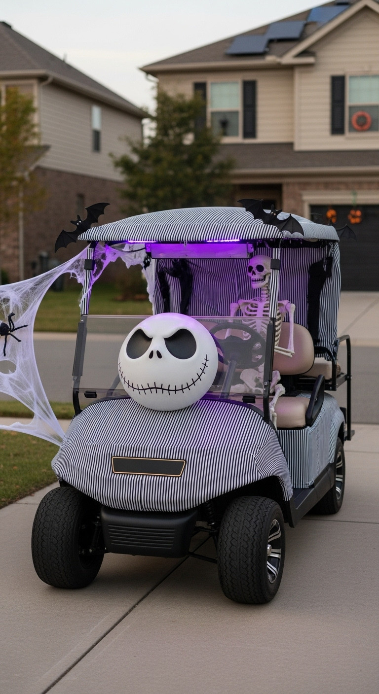 7 Brilliant Nightmare Before Christmas Golf Cart Ideas Nightmare Before Christmas Golf Cart With Jack Skellington Pinstripes And Skeletal Driver Illuminated By Purple Leds At Dusk